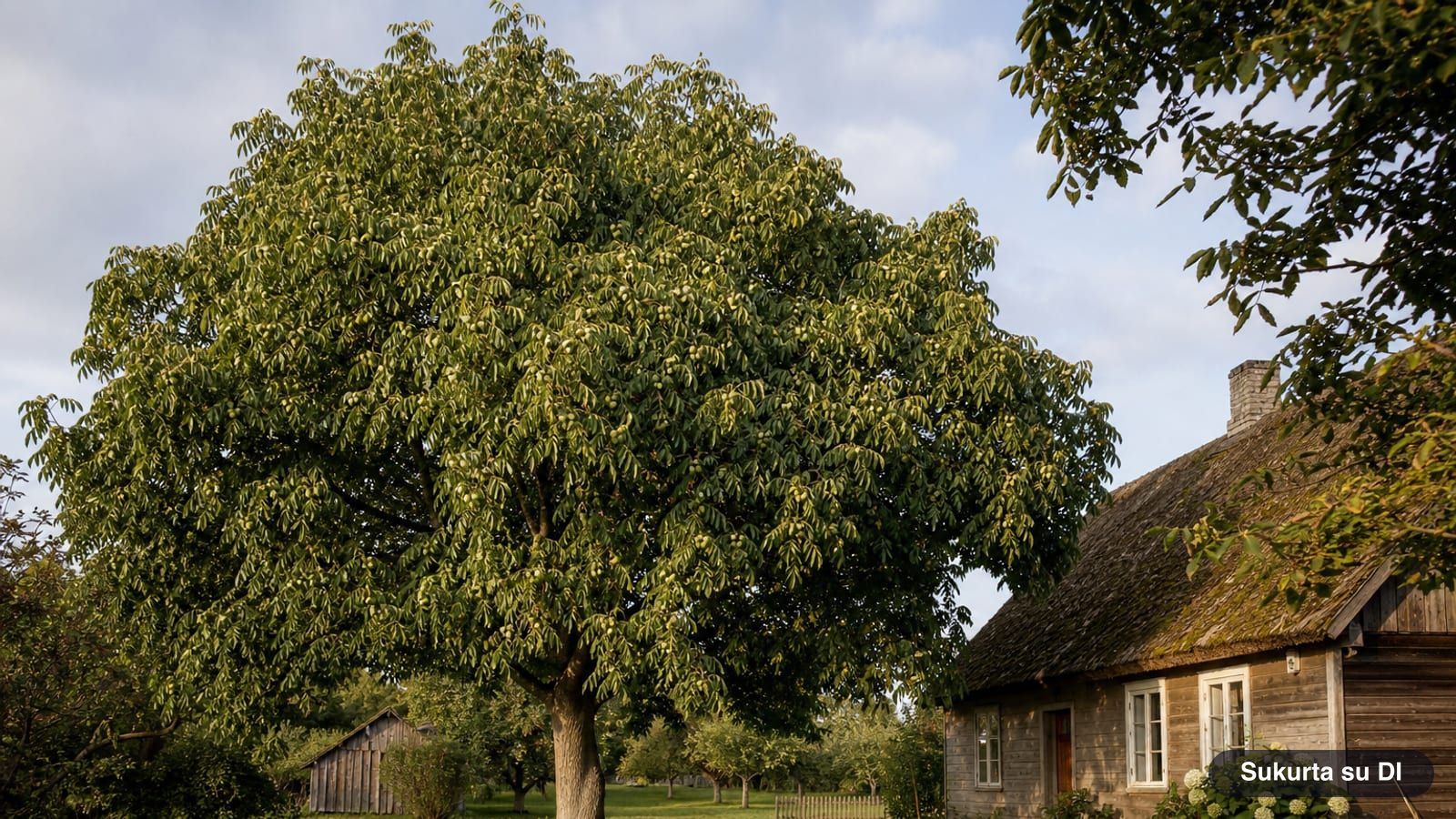 A large, widely spreading English walnut tree near an old homestead in late summer
