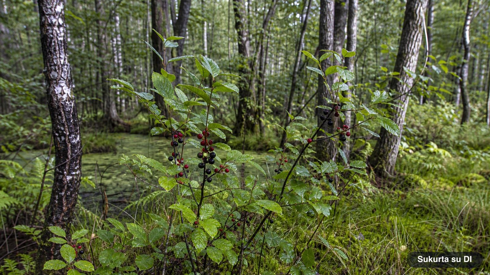 Alder buckthorn shrubs in a moist birch forest near a bog with red and black berries