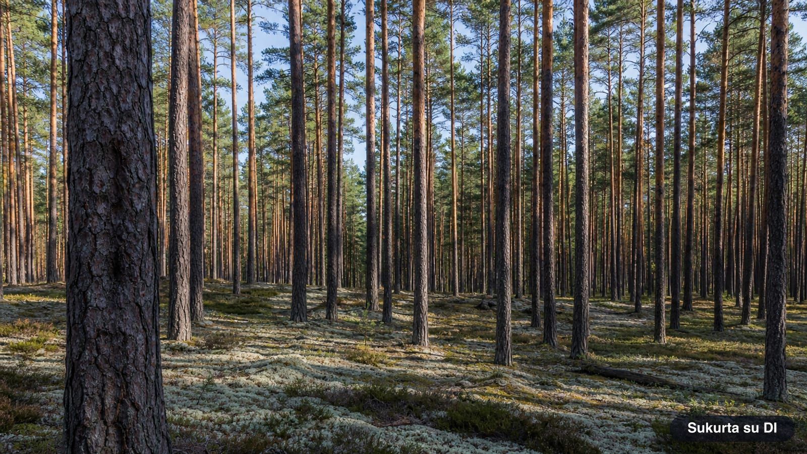 Pine forest with straight trunks and a sandy forest floor