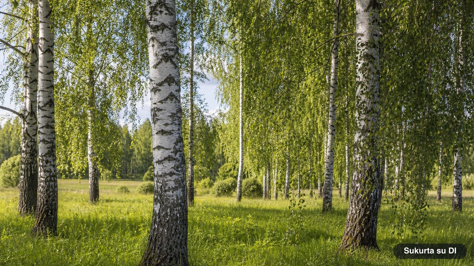 A grove of silver birches with white trunks and drooping branches in early summer