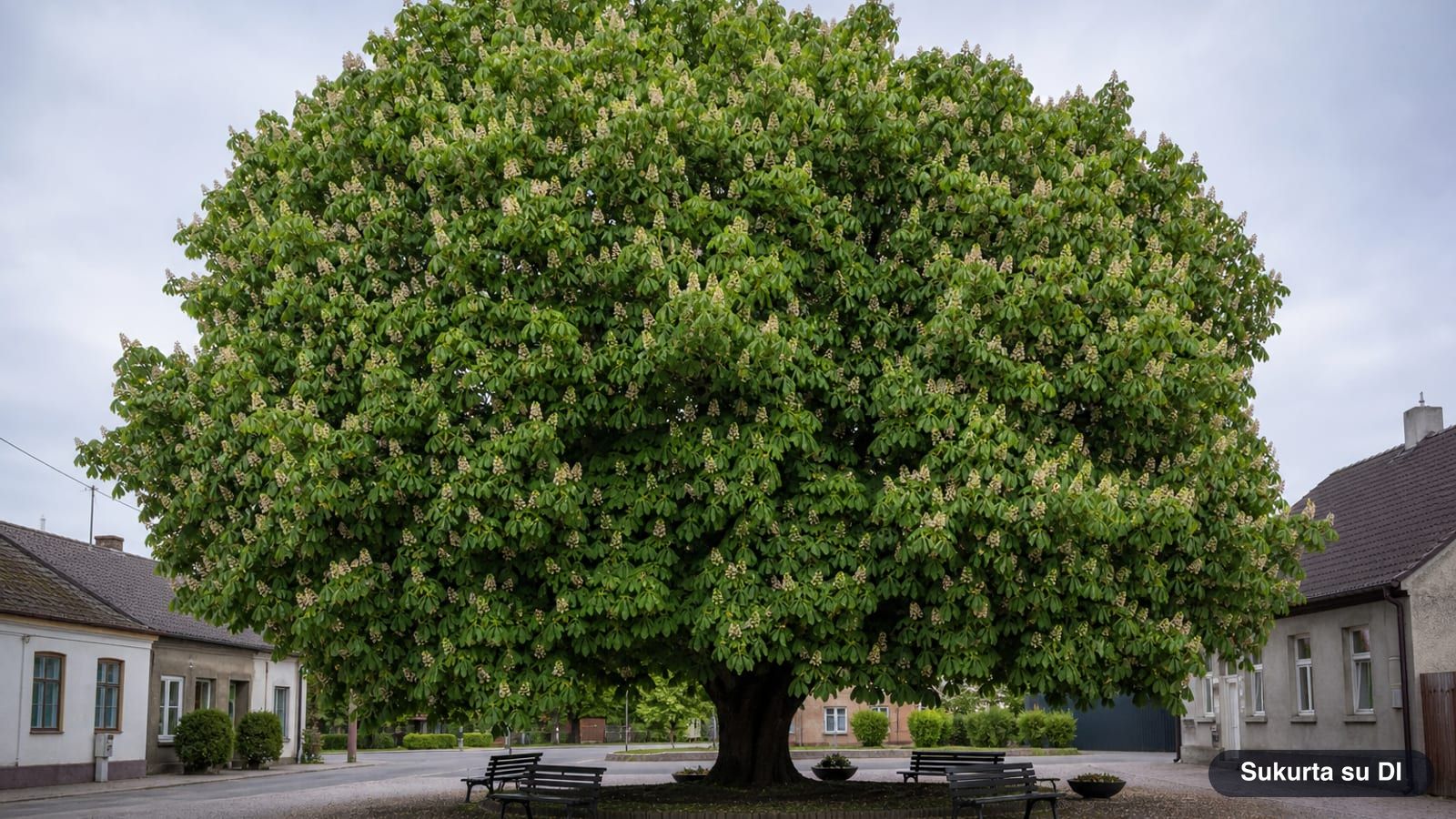 Large blooming horse chestnut tree in a town square with white flower spikes