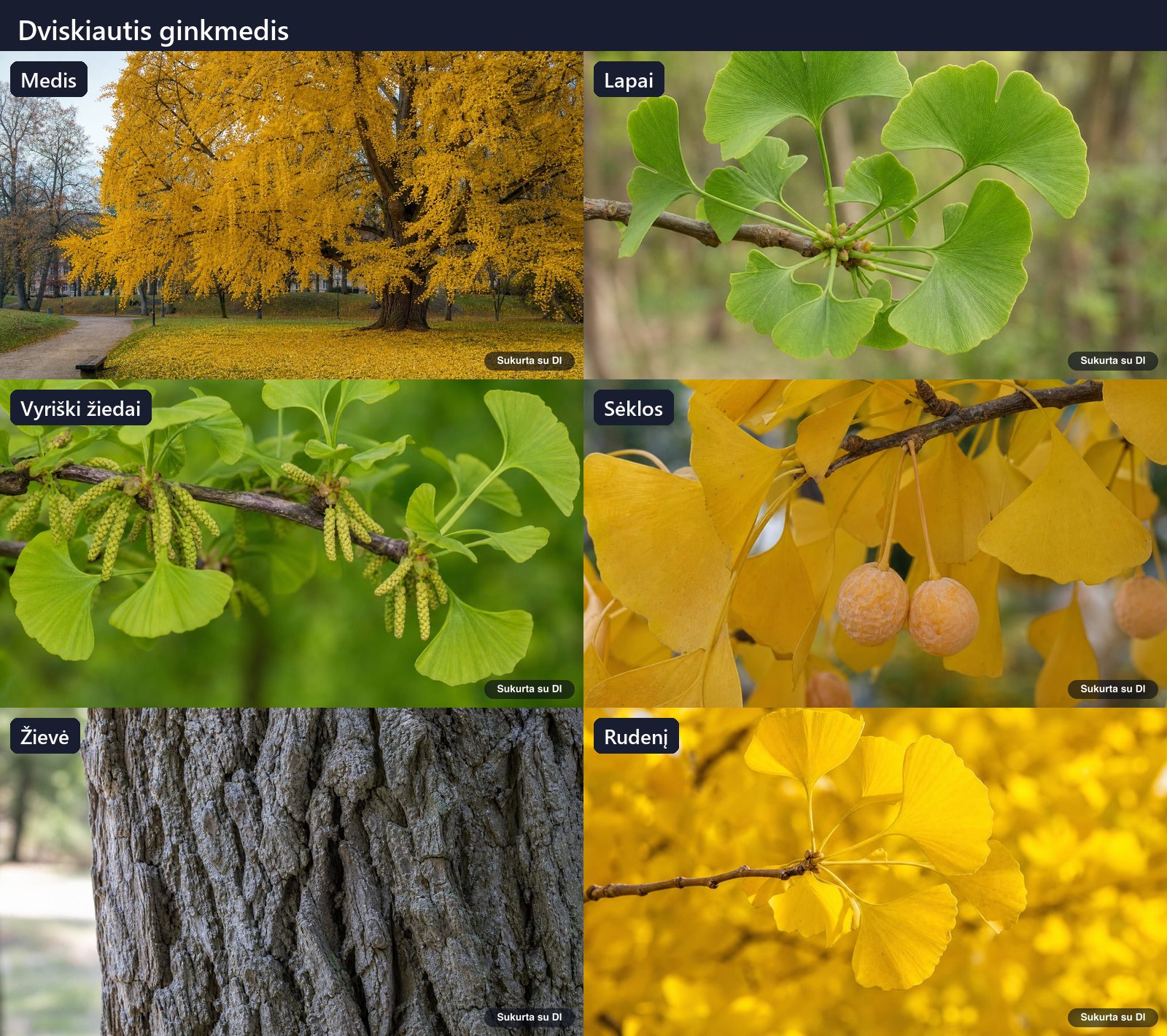 Ginkgo biloba: tree, leaves, flowers, fruits or seeds, bark, and buds in one illustration