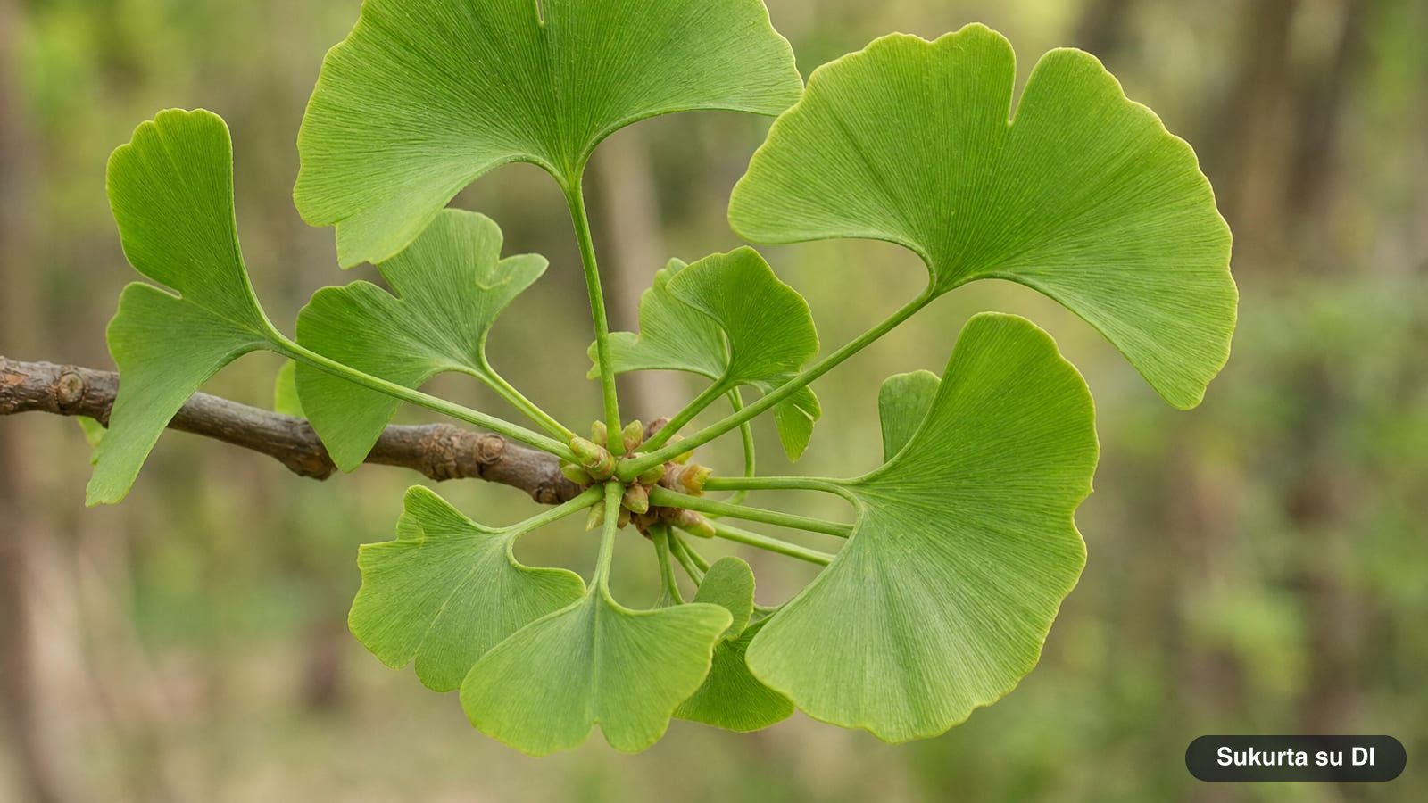 Fan-shaped leaves of the ginkgo tree with a notch in the middle and parallel veins