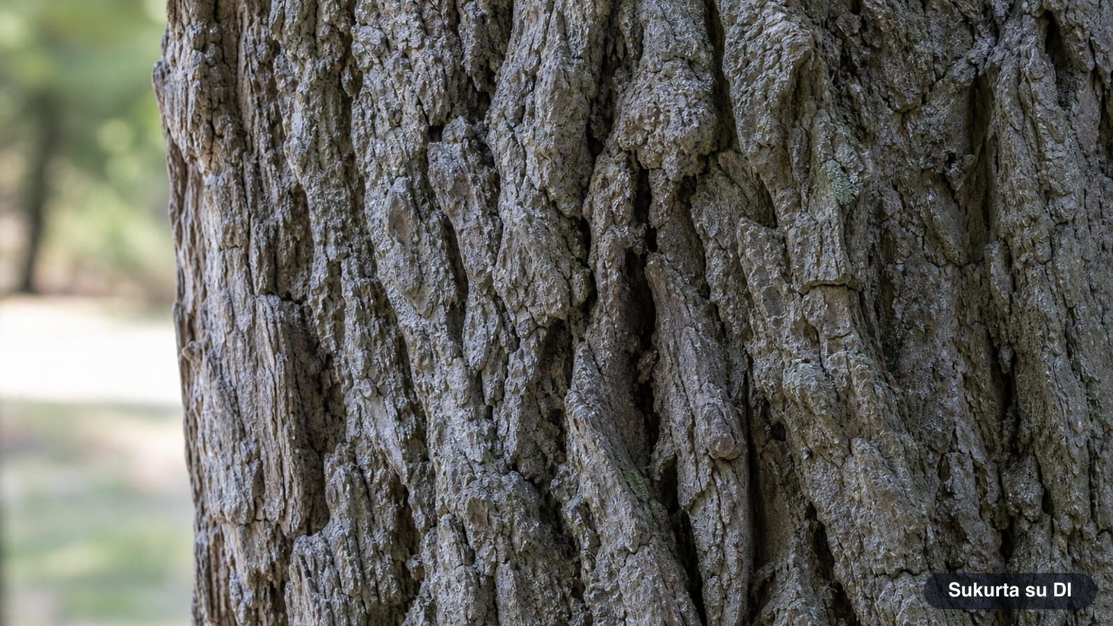 Grayish-brown deeply furrowed bark of an old ginkgo tree