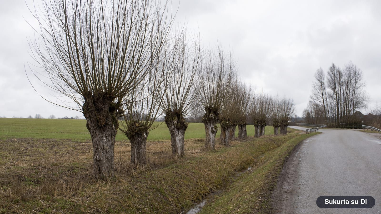 A row of pollarded willows with thick short trunks along a country road