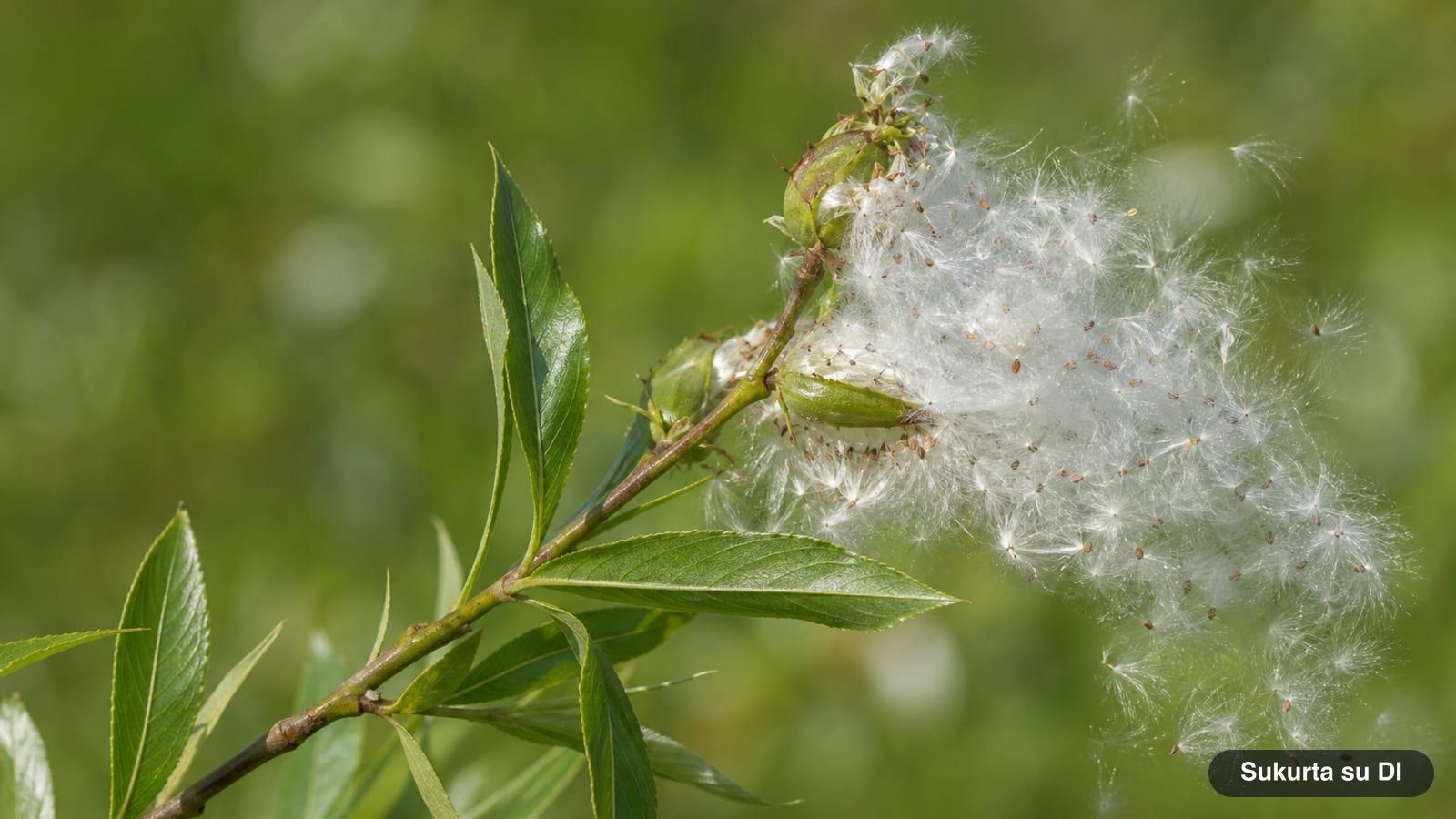 Open willow seed capsules releasing tiny seeds in white fluff