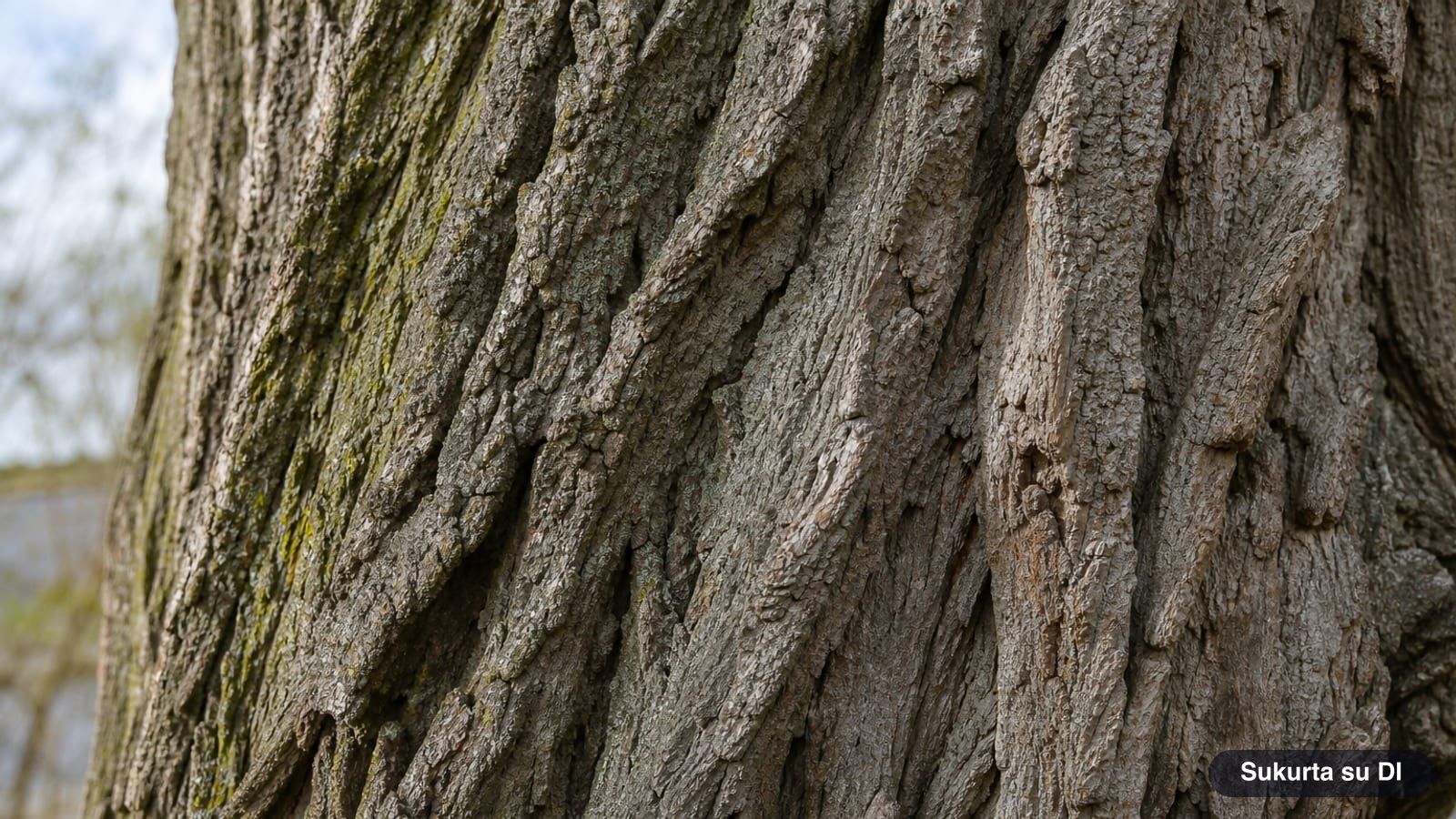 Thick grayish-brown bark of an old white willow with deep interlacing fissures
