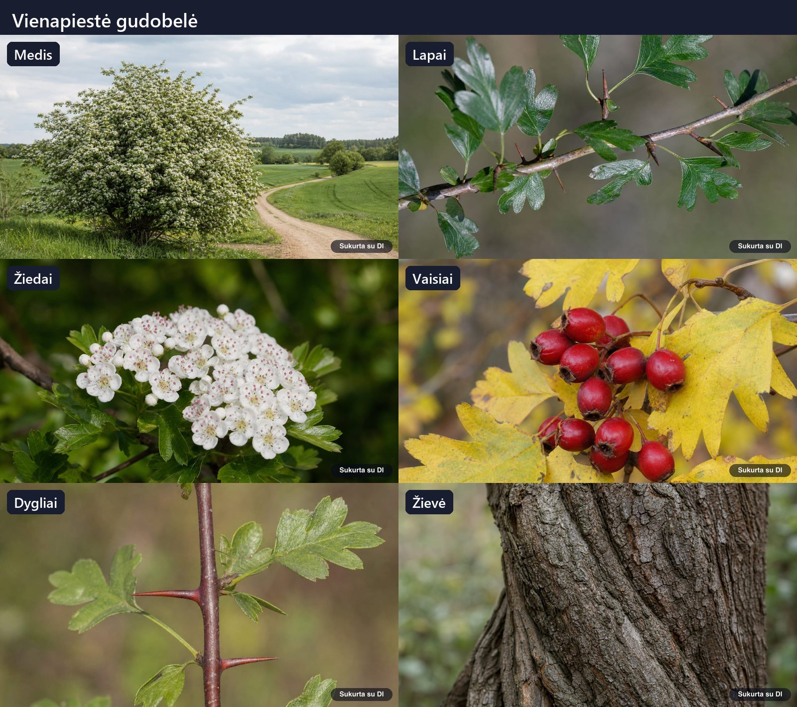 Common hawthorn: tree, leaves, flowers, fruits or seeds, bark, and buds in one illustration