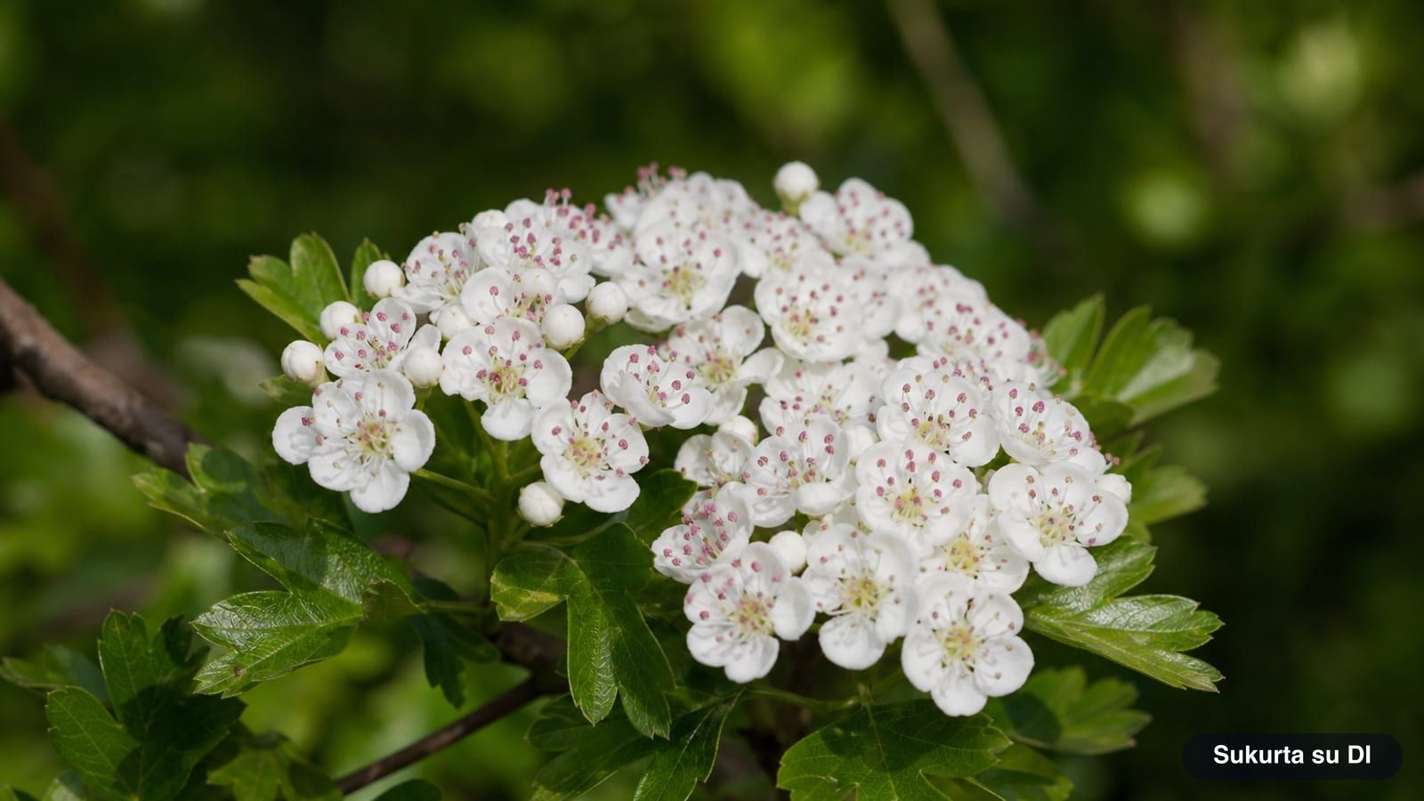 Flat clusters of white common hawthorn flowers with pink anthers