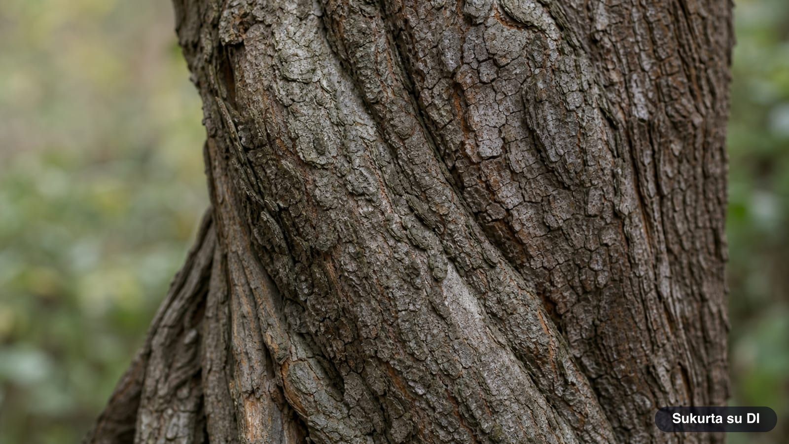 Brownish-gray bark of an old common hawthorn with orange fissures