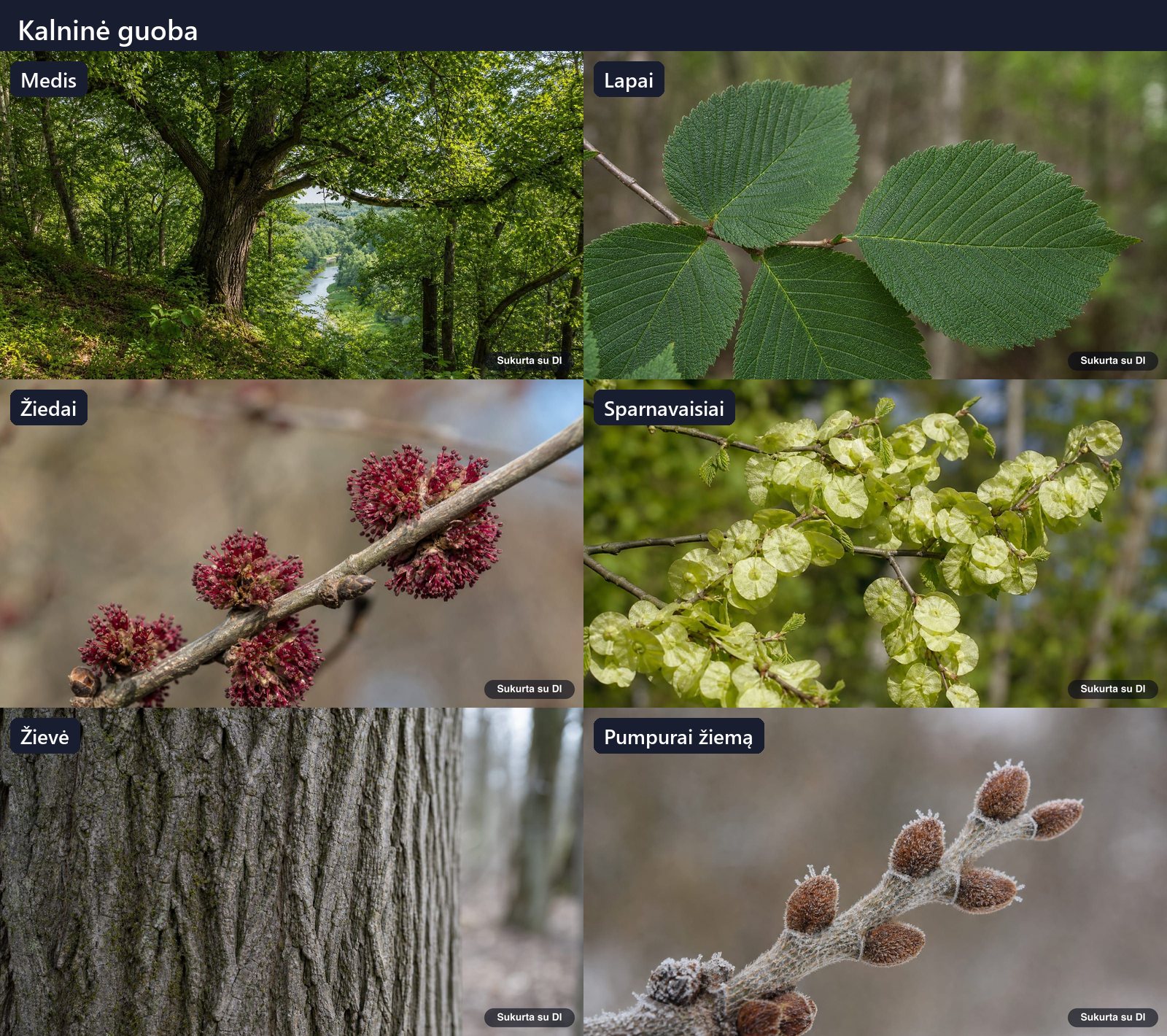 Wych elm: tree, leaves, flowers, fruits or seeds, bark, and buds in one illustration