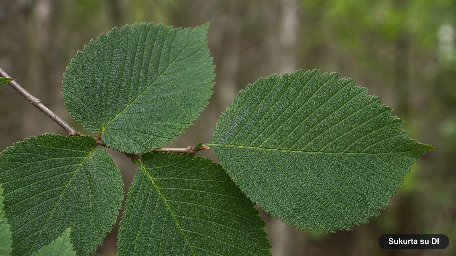 Large, rough, double-toothed leaves of a wych elm with an asymmetrical base