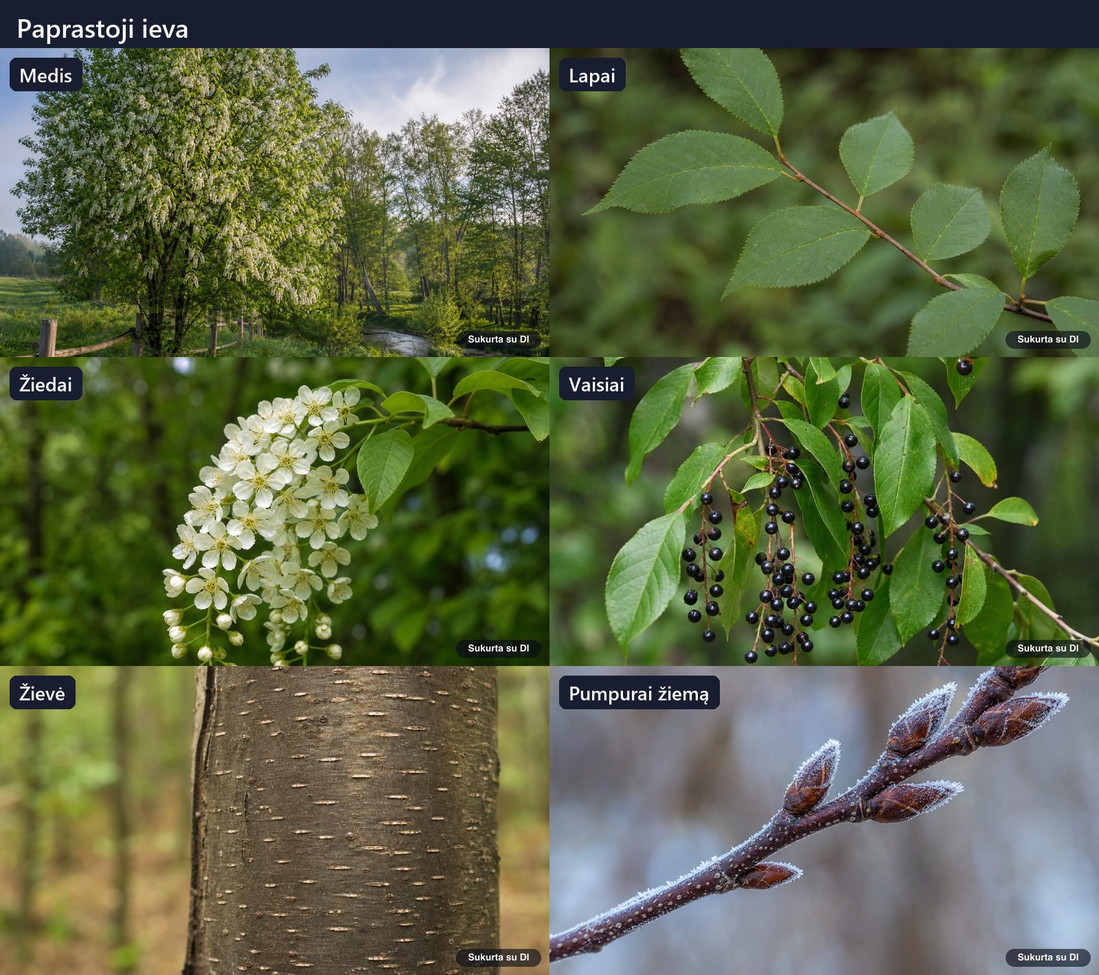 Bird cherry: tree, leaves, flowers, fruits or seeds, bark and buds in one illustration