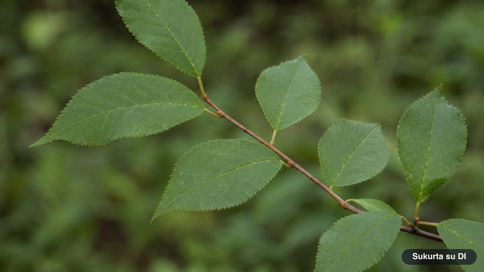 Elliptic, finely serrated leaves of the bird cherry on a brownish twig