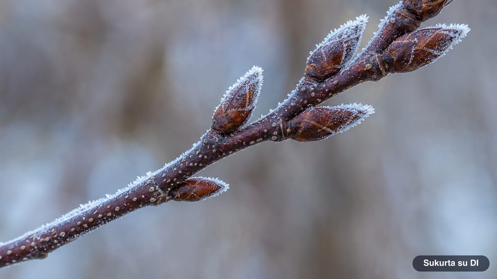 Winter twig of the bird cherry with pointed, conical brown buds