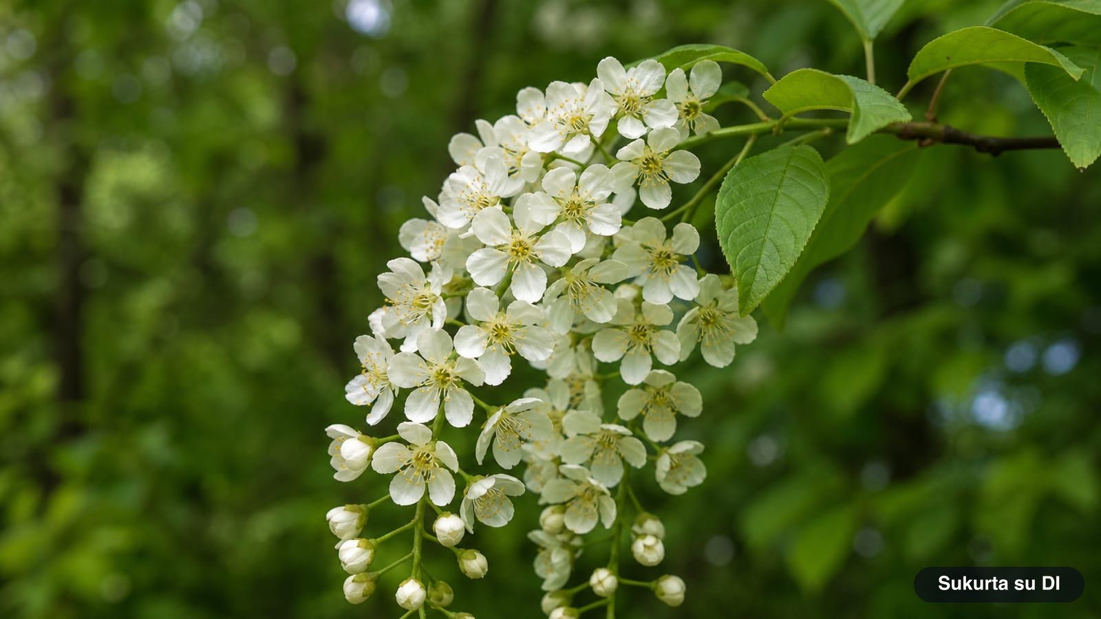 Drooping racemes of fragrant white bird cherry flowers in spring