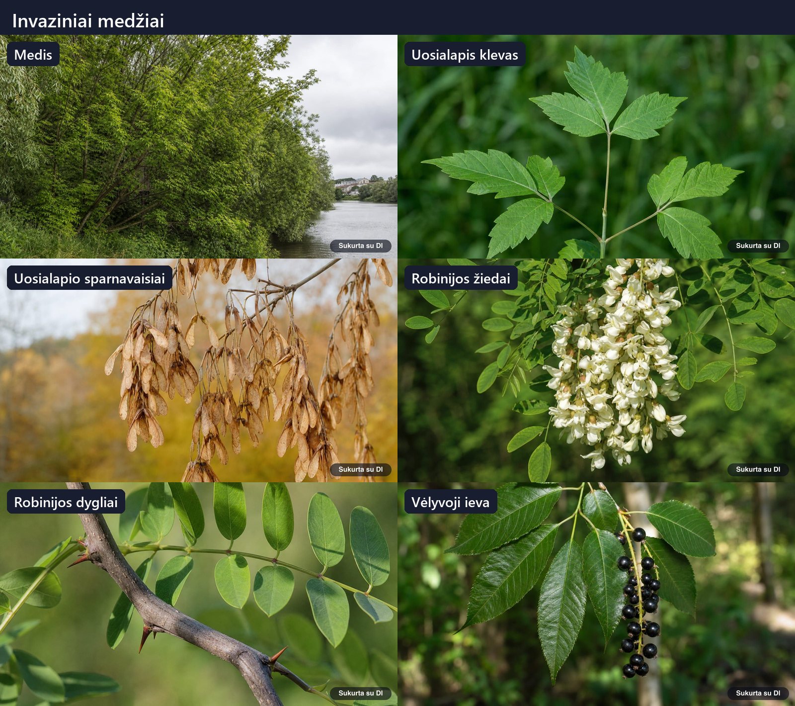 Invasive trees: tree, leaves, flowers, fruits or seeds, bark, and buds in a single illustration