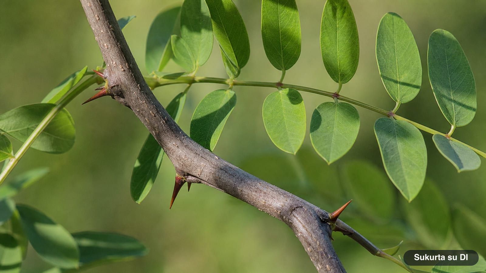 A black locust twig showing pairs of short, sharp thorns at the base of the leaves