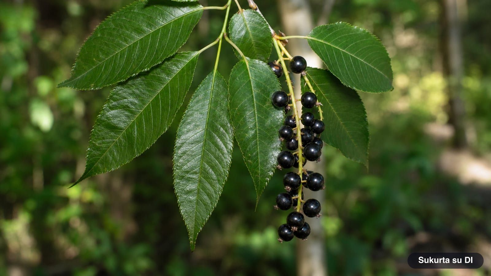 Glossy leathery leaves of a black cherry and a cluster of black fruits with remaining sepals