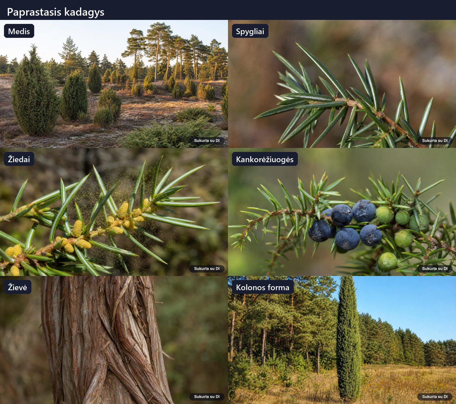 Common juniper: tree, leaves, flowers, fruits or seeds, bark, and buds in one illustration