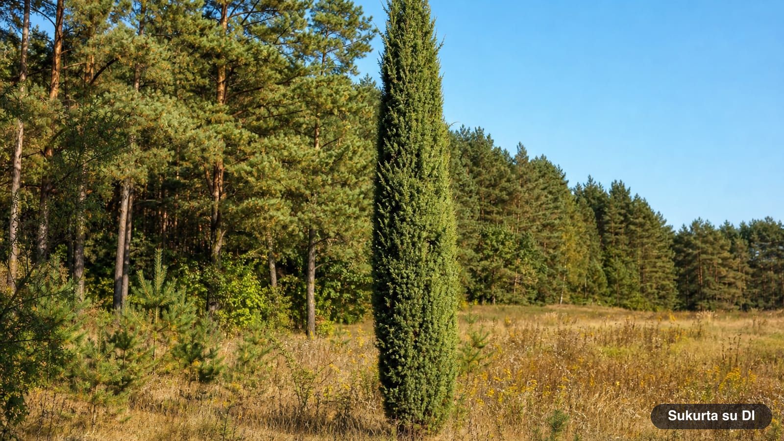 A tall, narrow, column-shaped common juniper in a sunny meadow near a pine forest