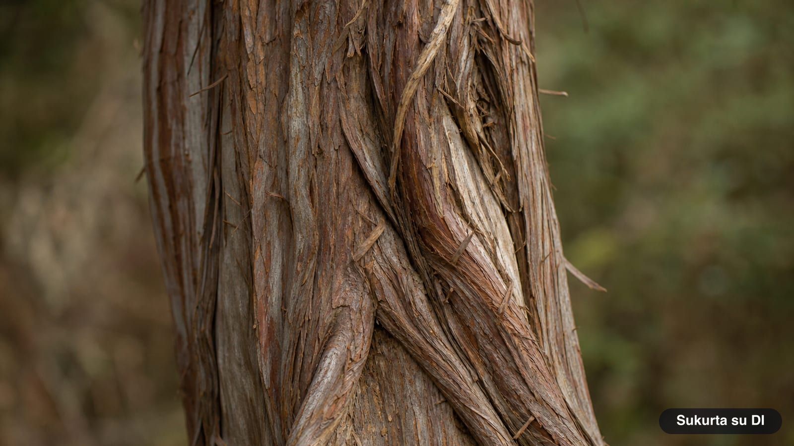 Reddish-brown fibrous bark of an old common juniper, peeling in long strips