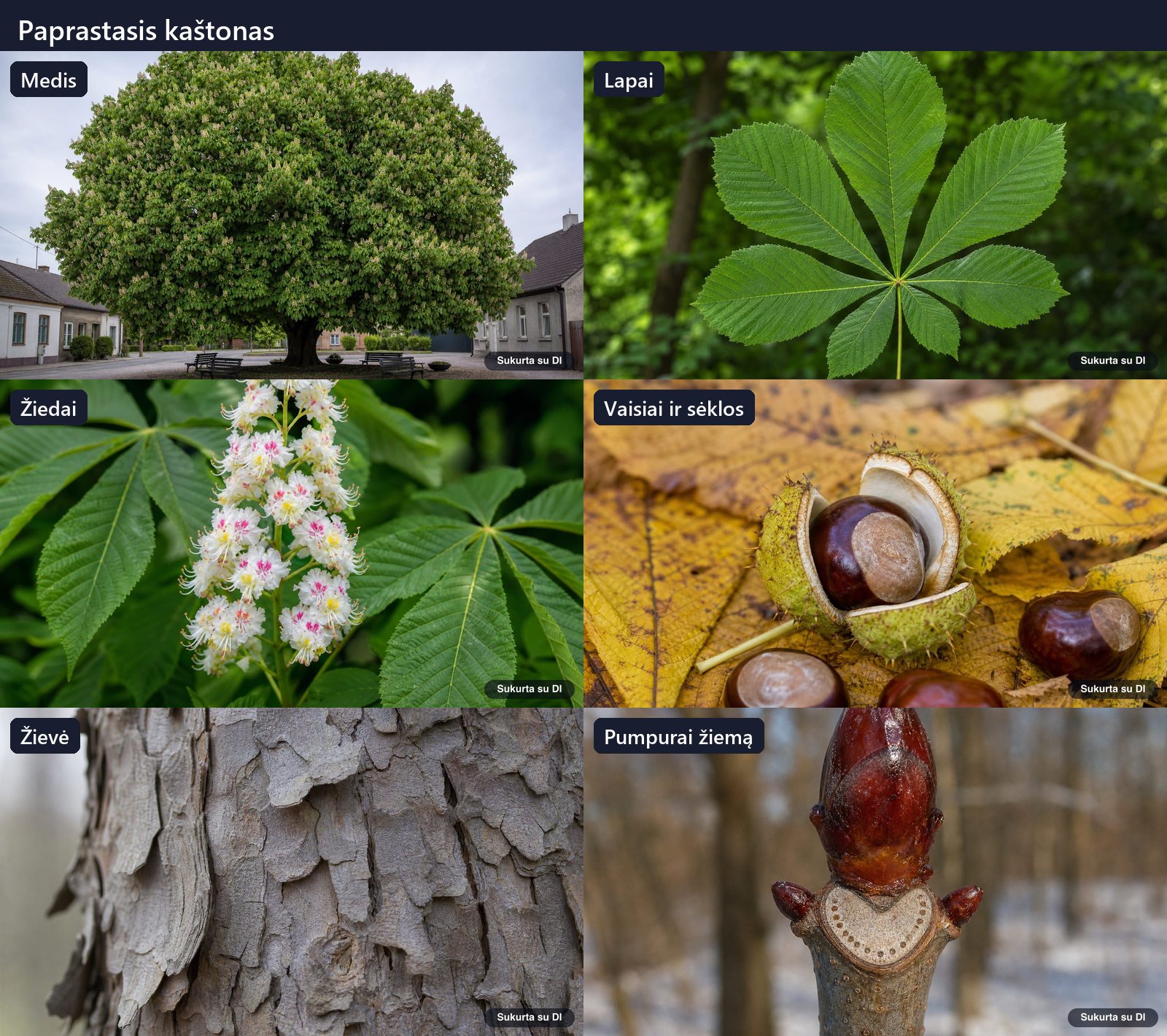 Horse chestnut: tree, leaves, flowers, fruits or seeds, bark and buds in one illustration