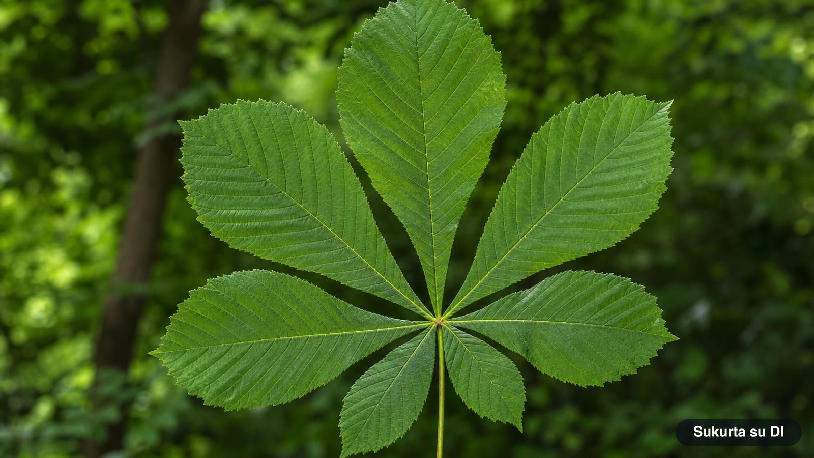Compound leaf of a horse chestnut with seven leaflets growing from a single stalk