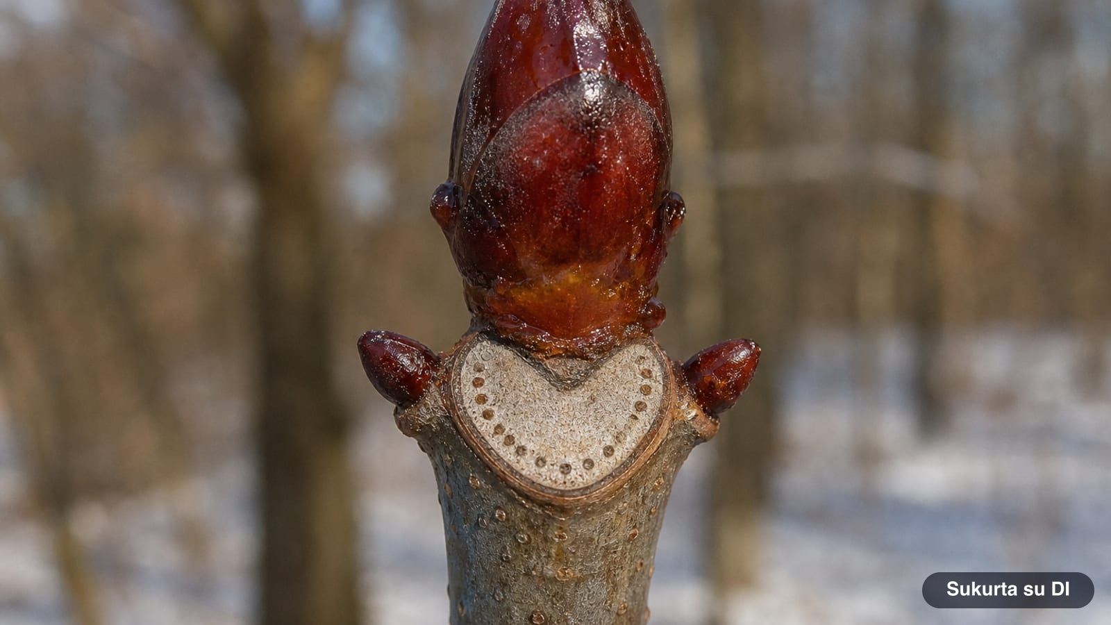 Sticky shiny brown terminal bud of a horse chestnut and a horseshoe-shaped leaf scar