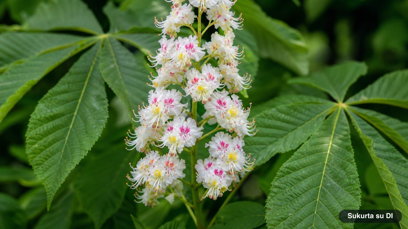 Upright white flower cluster of a horse chestnut with yellow and pink spots on the flowers