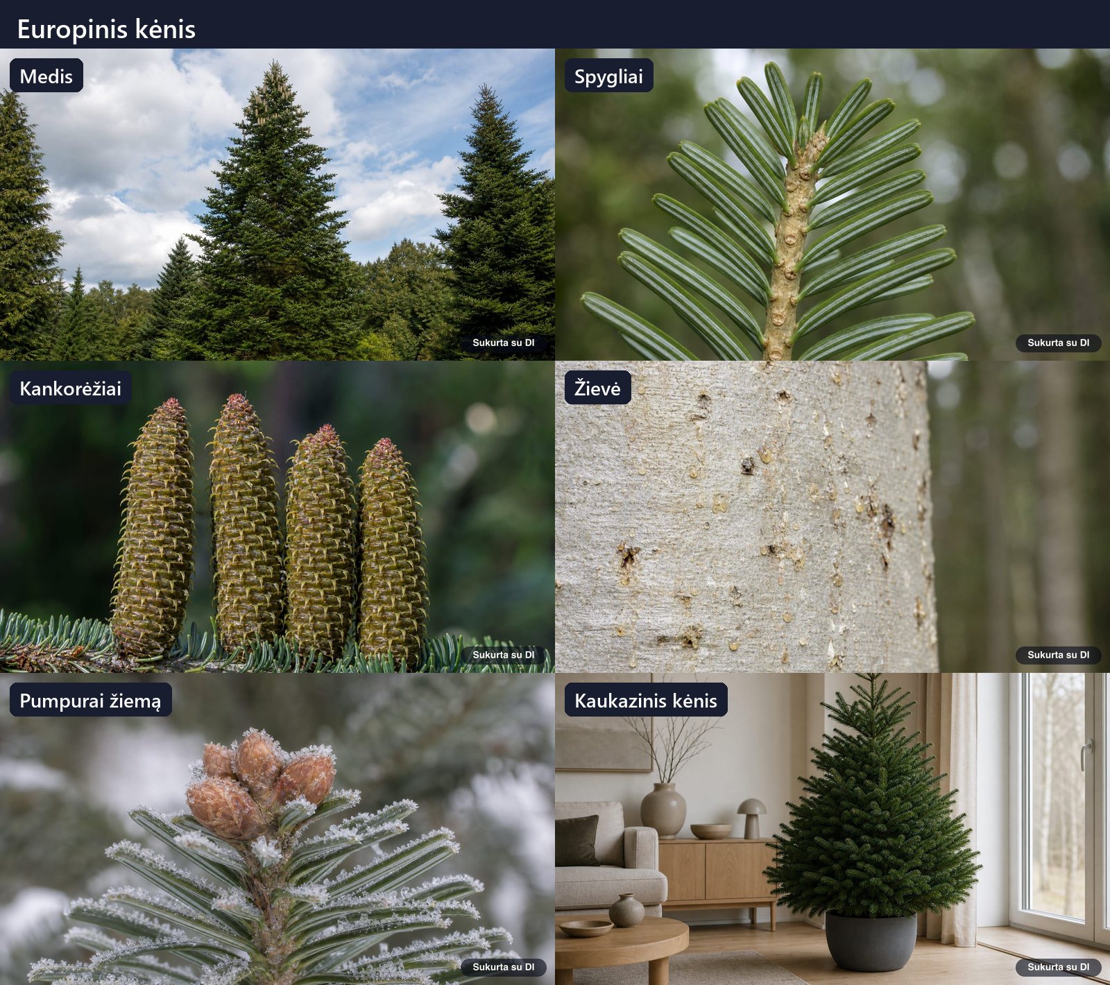 European silver fir: tree, leaves, flowers, fruits or seeds, bark and buds in one illustration