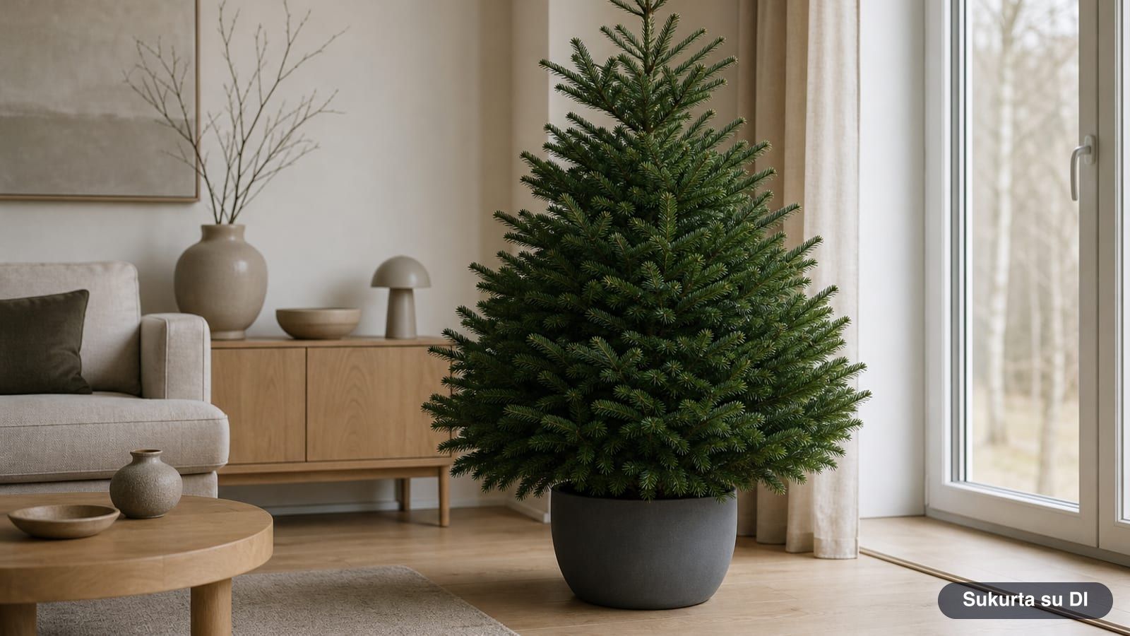 A potted Nordmann fir used as a Christmas tree in a bright room