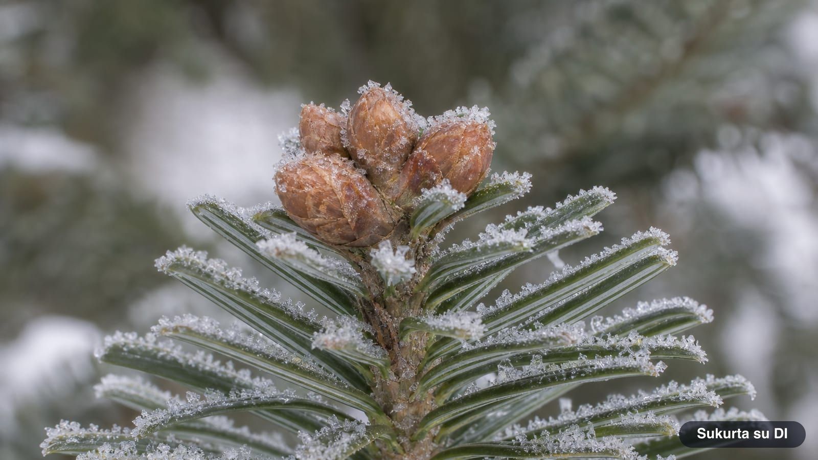 End of a European silver fir shoot in winter with small blunt light brown buds