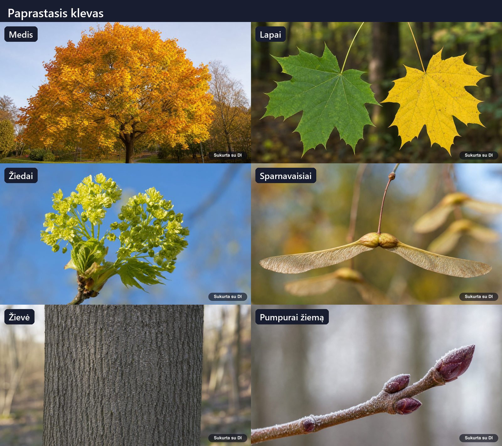 Norway maple: tree, leaves, flowers, fruits or seeds, bark and buds in one illustration