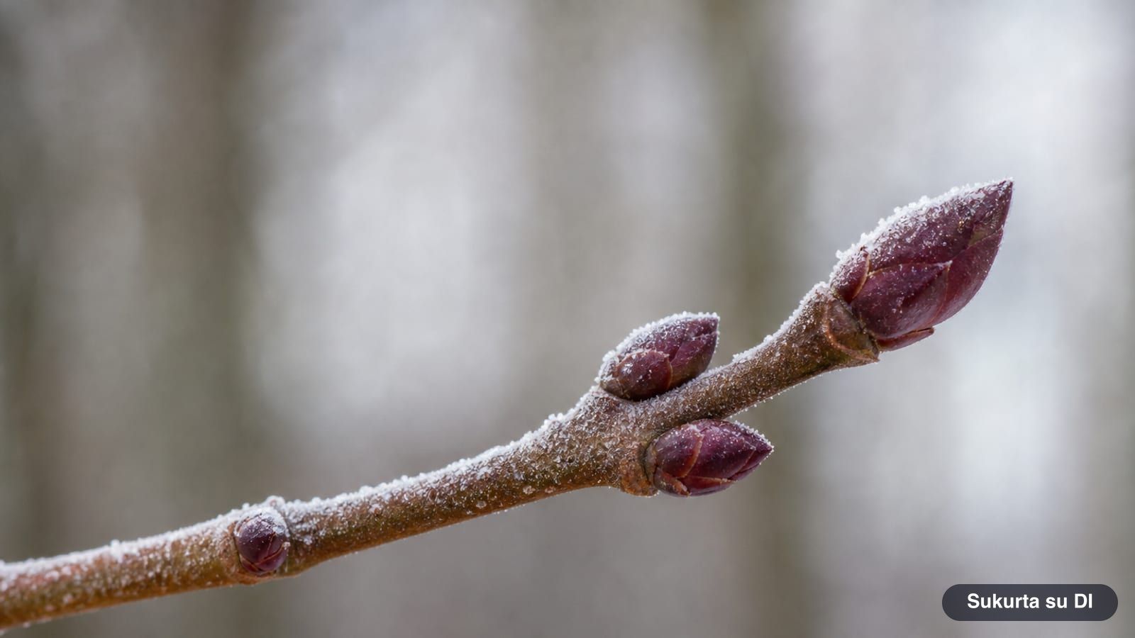 Winter twig of a Norway maple with opposite reddish buds and a large terminal bud