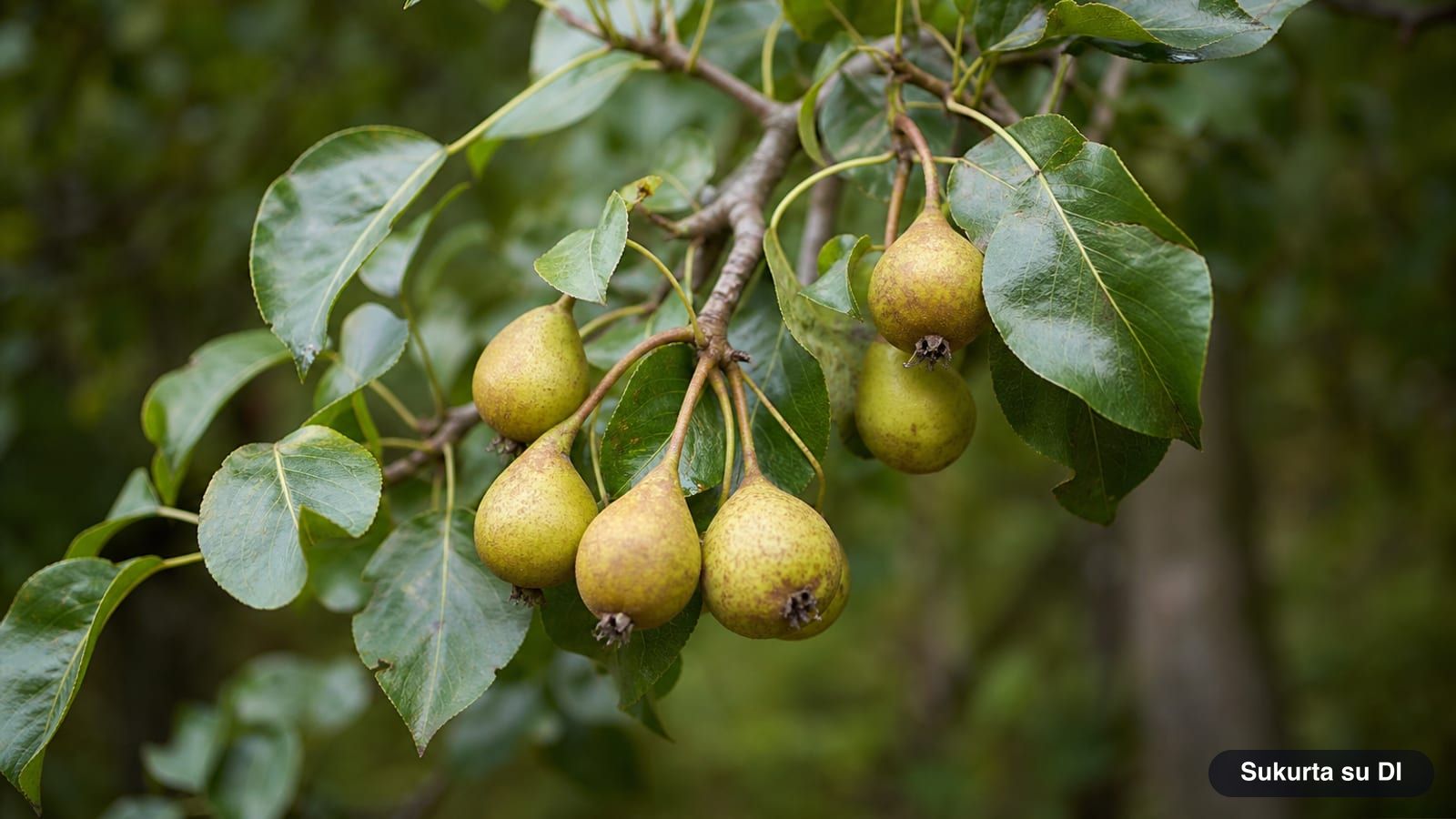 Small, hard, greenish-yellow wild pear fruits among small round leaves