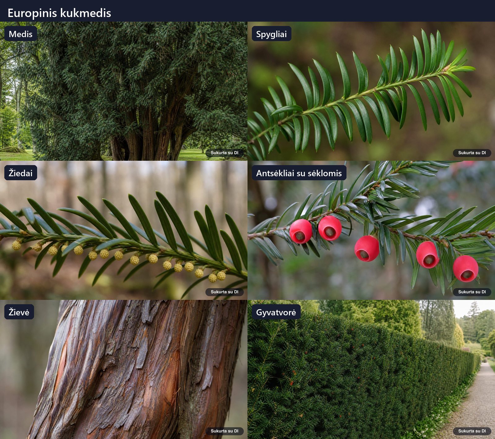 European yew: tree, leaves, flowers, fruits or seeds, bark, and buds in one illustration