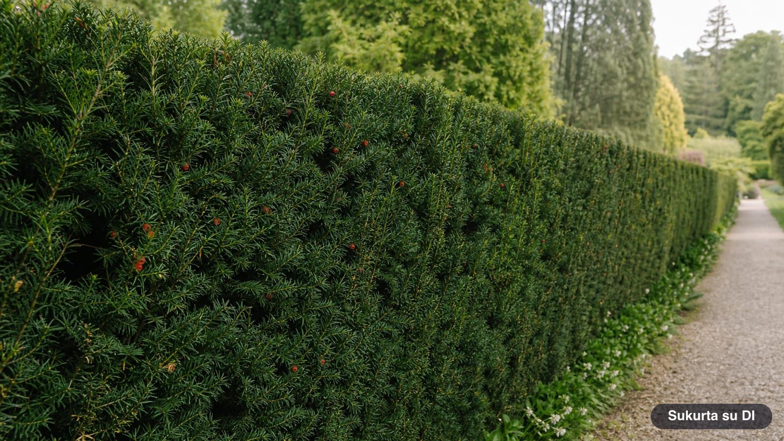 Neatly trimmed dark green yew hedge in a garden next to a gravel path