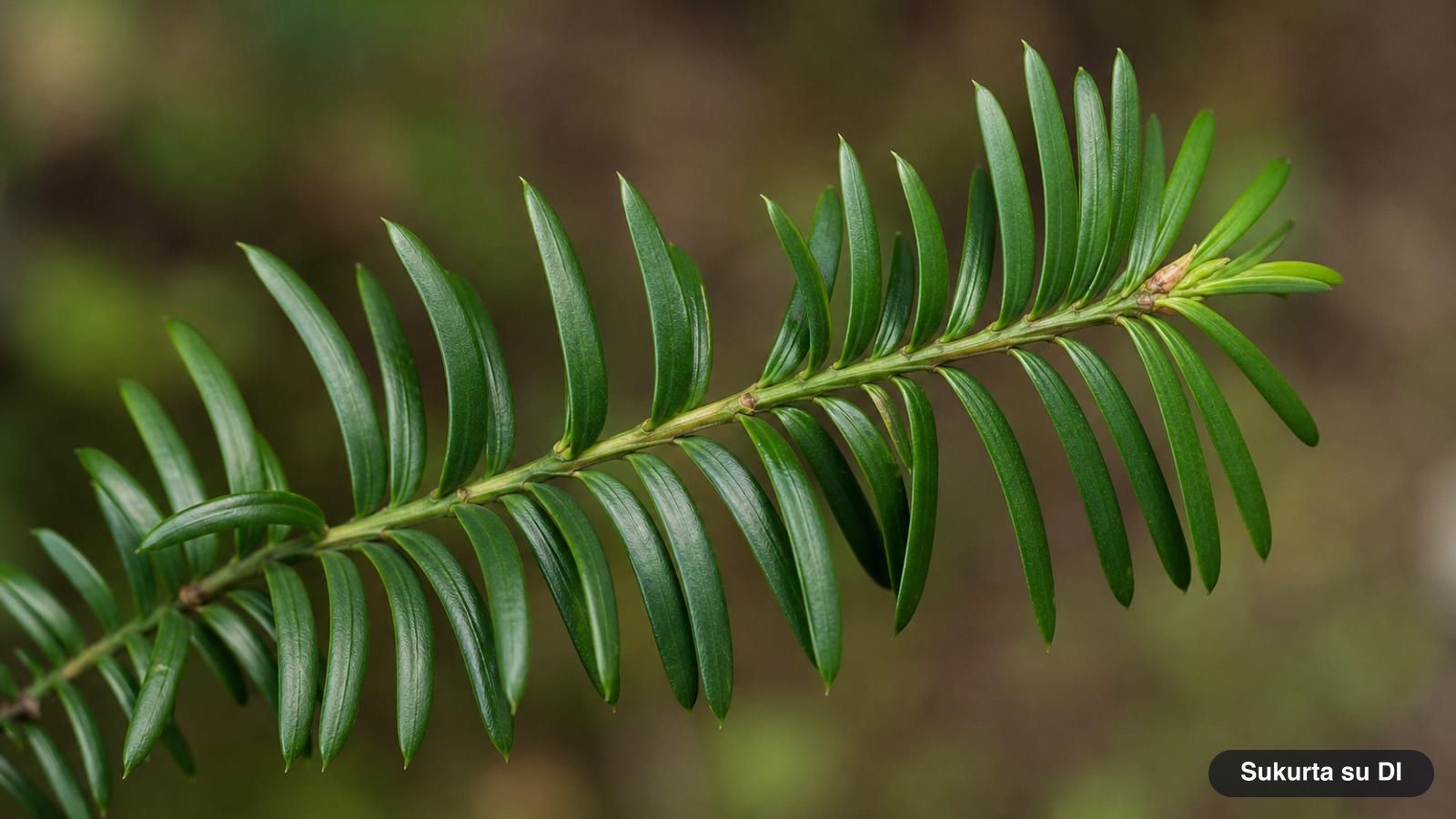 Flat dark green needles of the European yew arranged in two rows on both sides of the twig