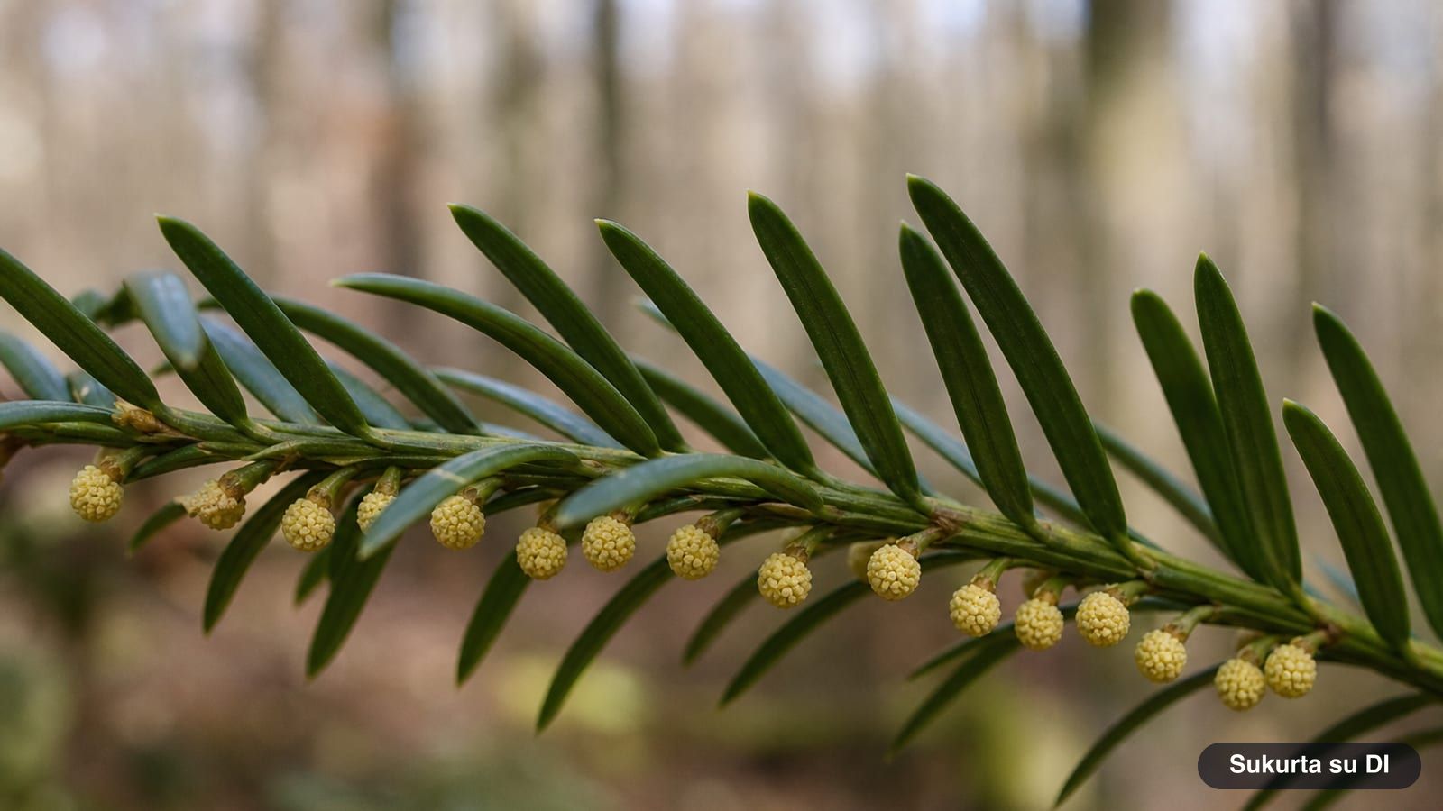 Tiny yellowish male cones of the European yew on the underside of the twigs