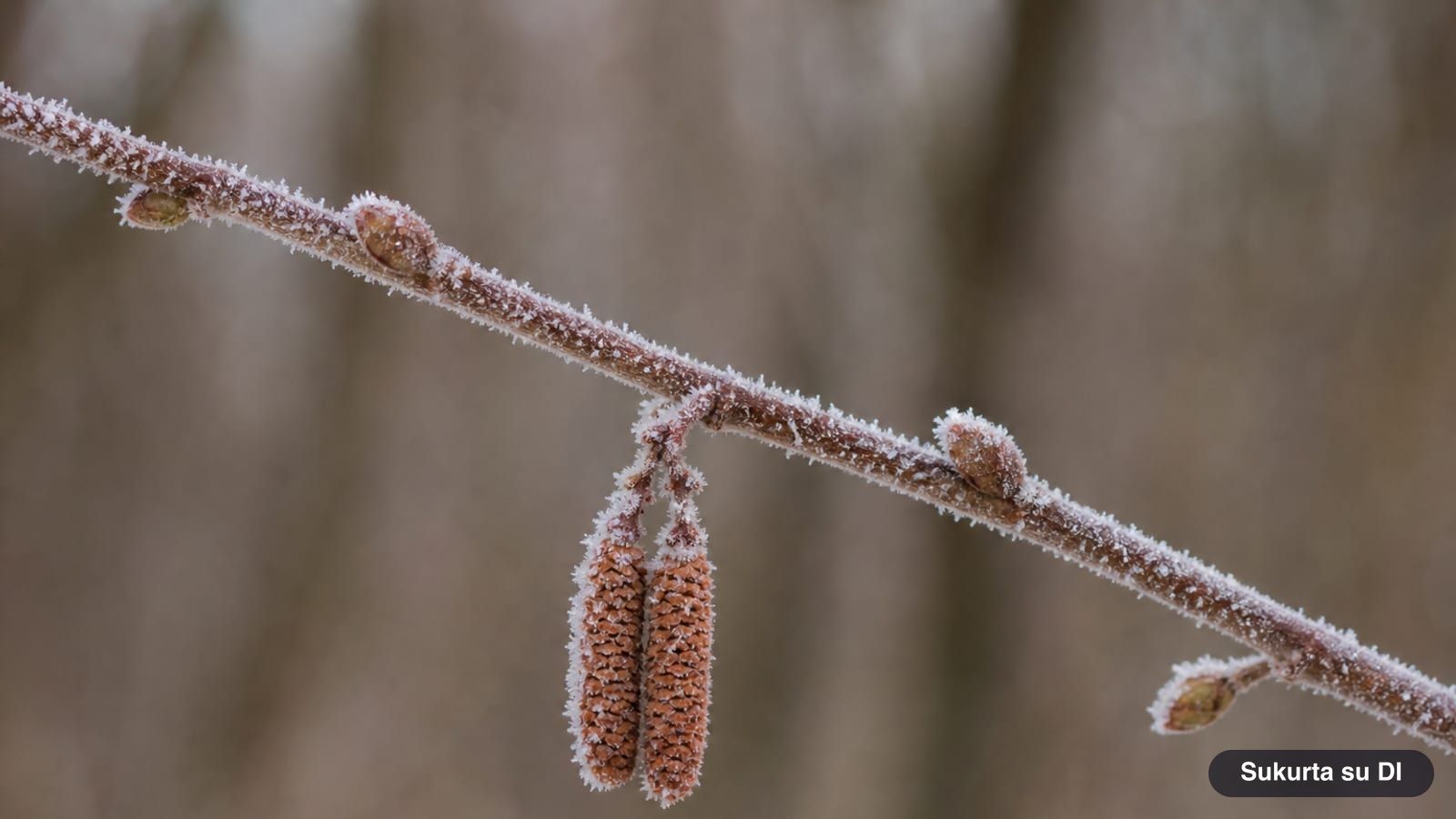 Winter twig of the common hazel with small blunt buds and short catkins