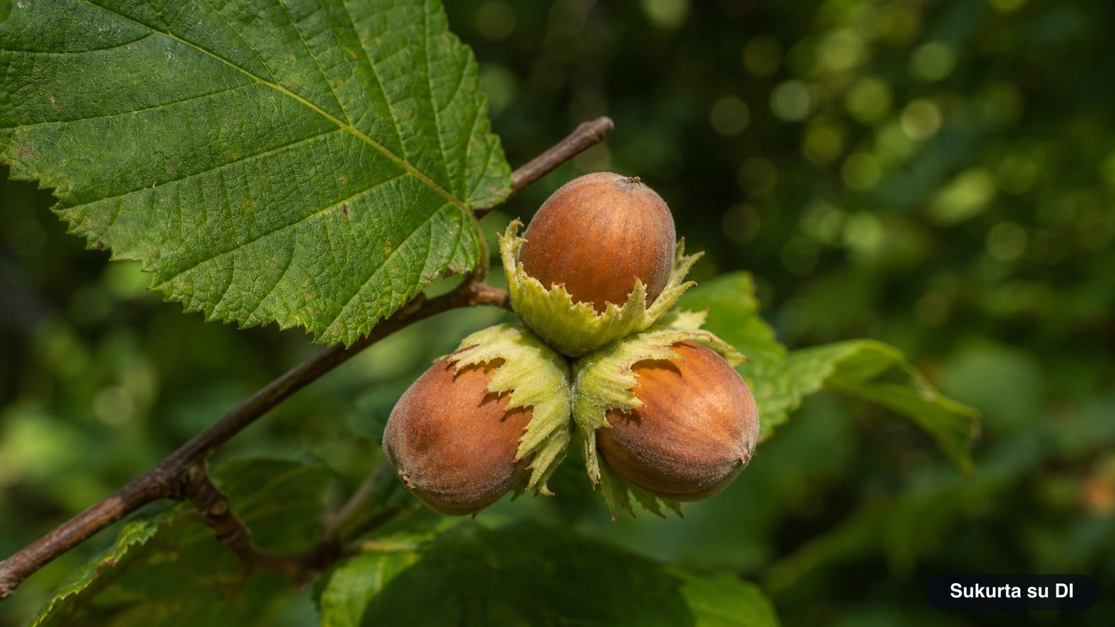 A cluster of three common hazelnuts with leafy husks in late summer