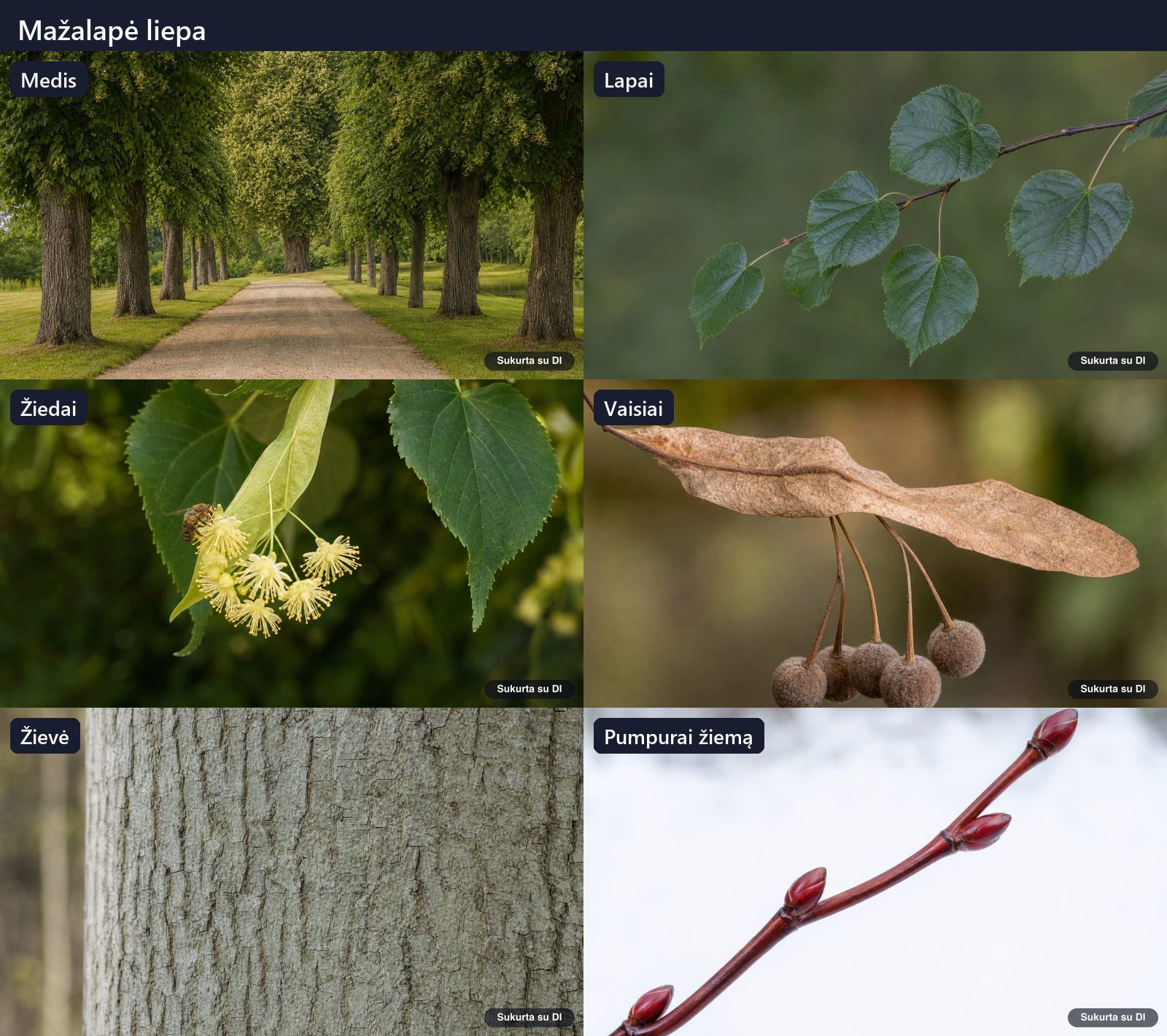 Small-leaved linden: tree, leaves, flowers, fruits or seeds, bark, and buds in one illustration