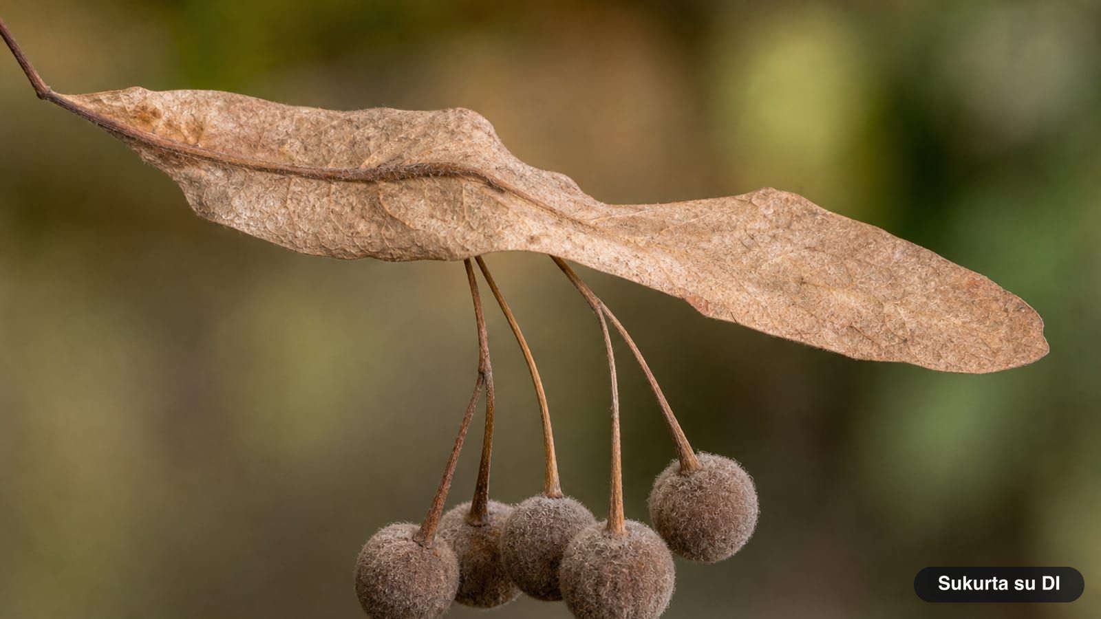 Round grayish nutlets of the small-leaved linden hanging from a dried bract