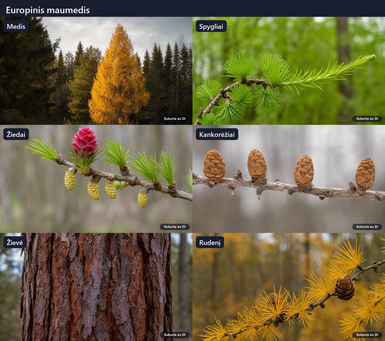 European larch: tree, leaves, flowers, fruits or seeds, bark and buds in one illustration