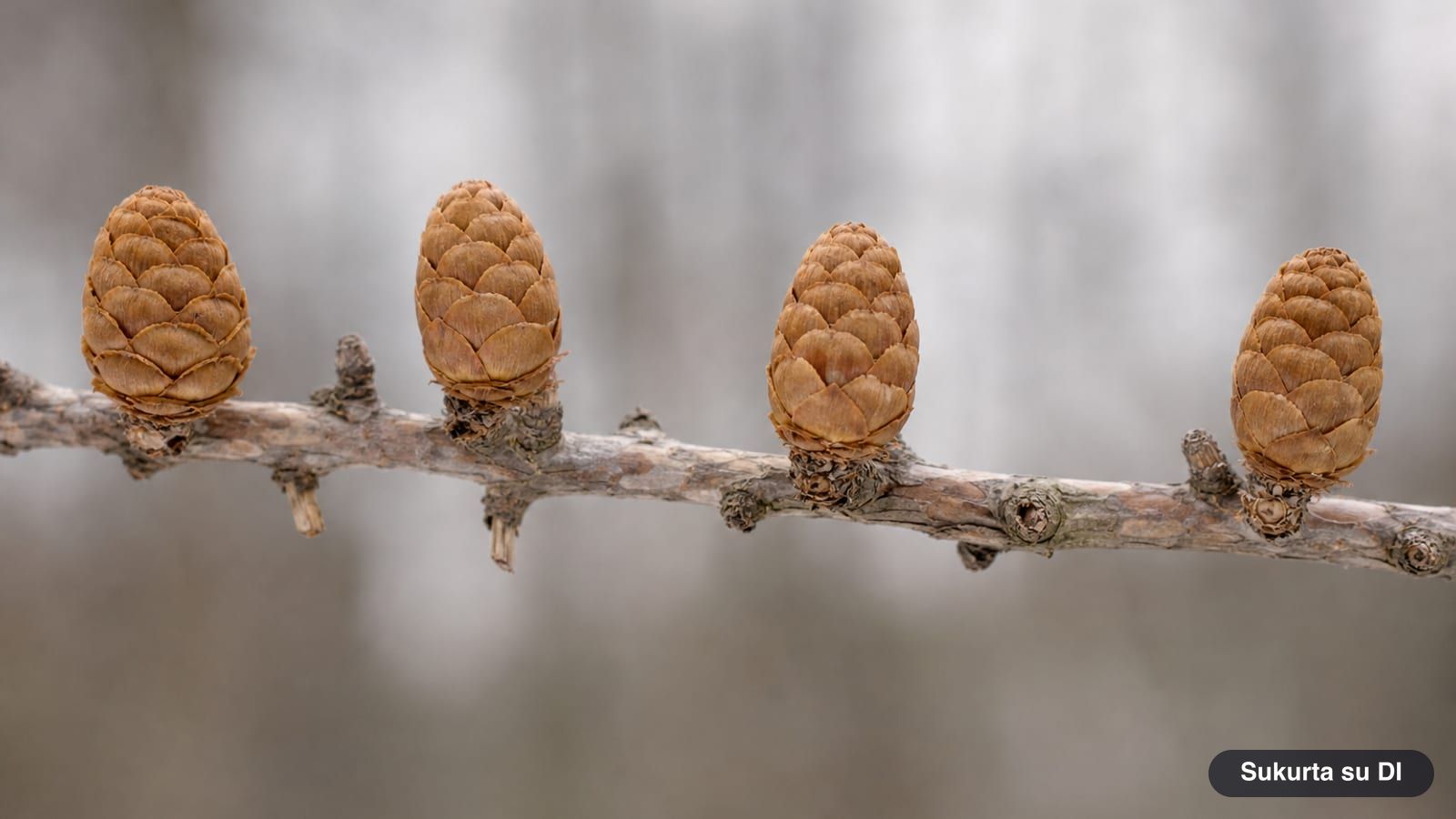 Small upright light brown European larch cones on a bare twig in winter