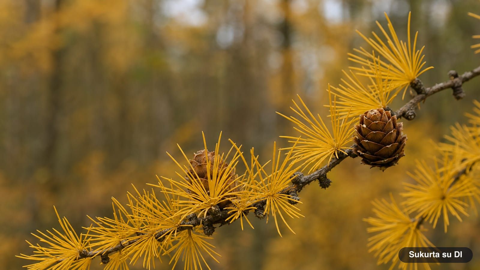 European larch branch with golden yellow needle tufts in late autumn