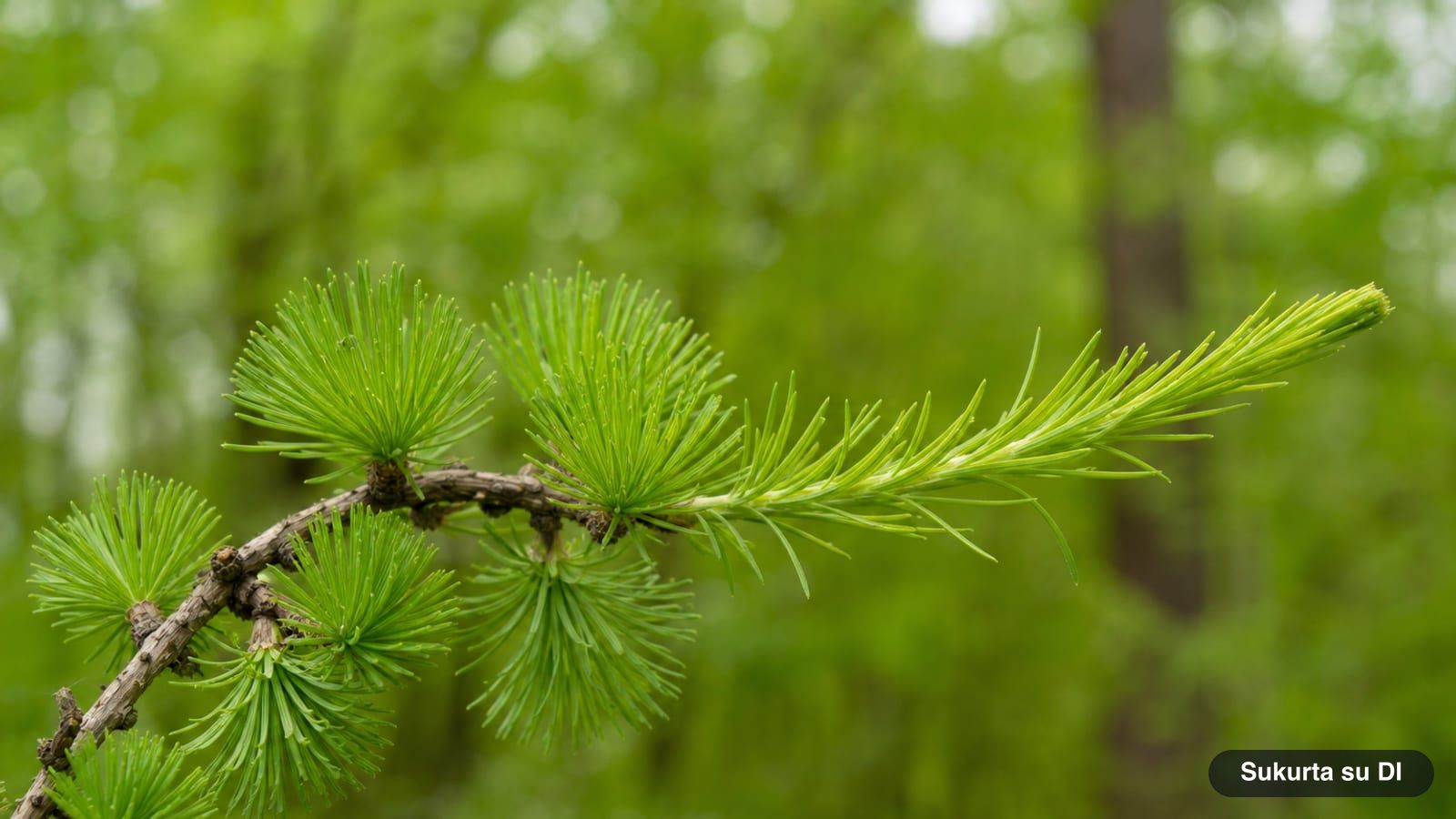 Soft light green needles of the European larch, growing in dense tufts on short shoots