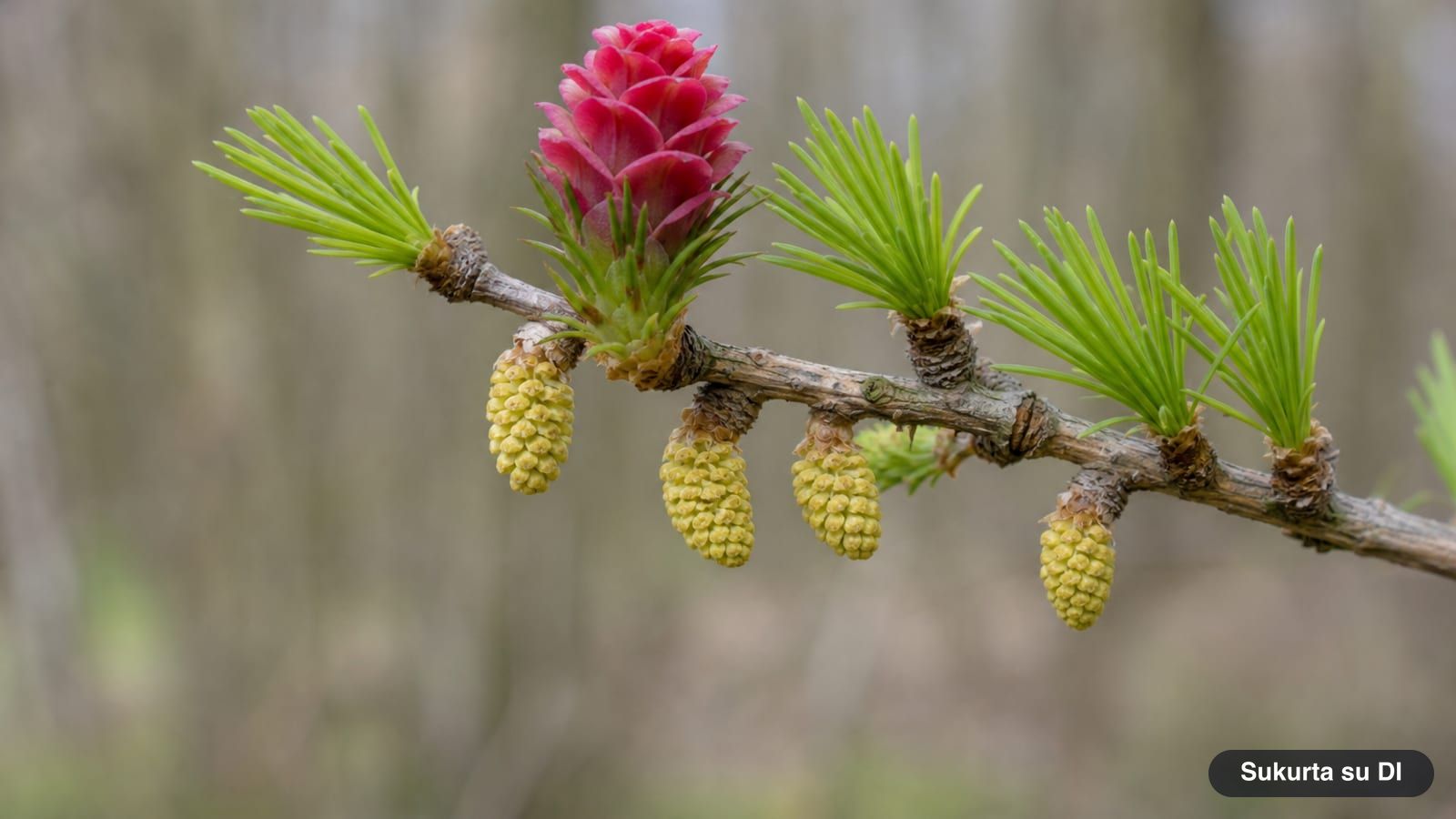 Upright pink female cone and yellow male cones of the European larch in spring