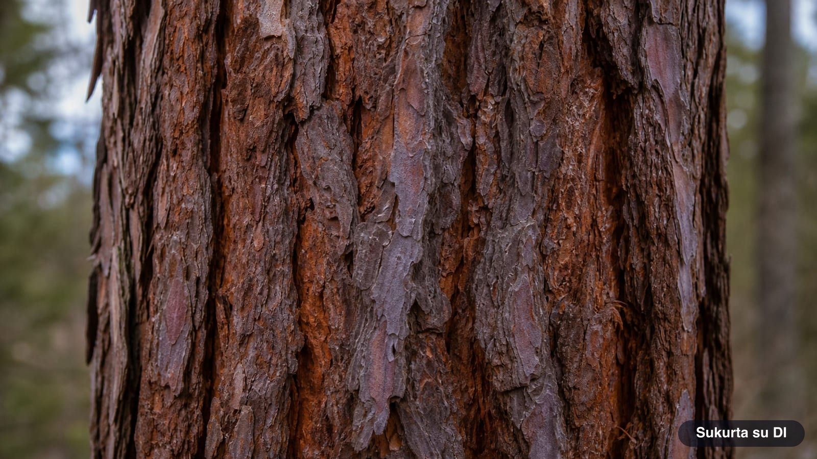 Thick reddish-brown deeply fissured bark of the European larch